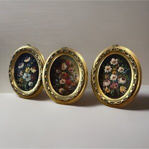 Set of 3 Vintage Euro Arts Oval Wall Plaques Floral Cottage Decor Approx.6" X 5"
